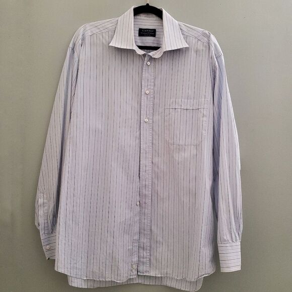 Canali Dress Shirt Long Sleeve Button Cuff Blue Gray White Stripe Mens 43 17 - Picture 1 of 12